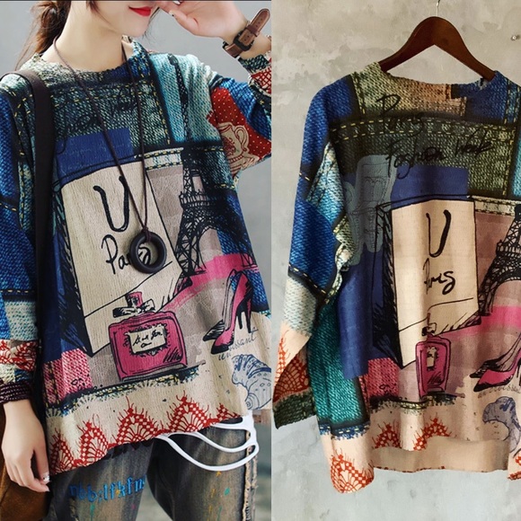 Oversized cotton knit Retro print Paris sweater - Picture 3 of 8